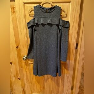 Loft Gray cold shoulder long sleeve ruffle trim knit dress size M